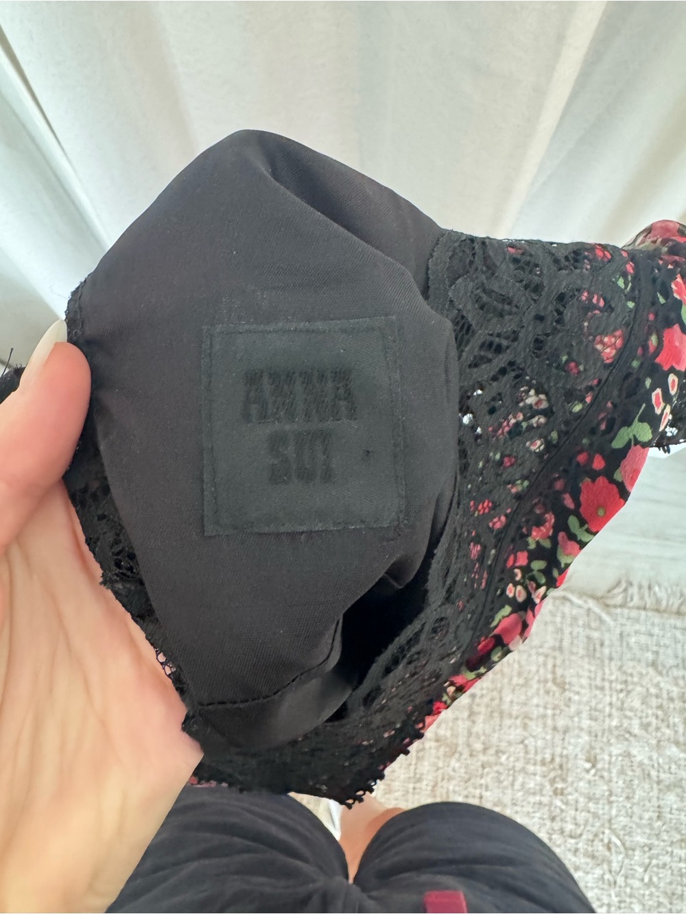 Anna Sui Black Headband with Red Floral Print and Lace